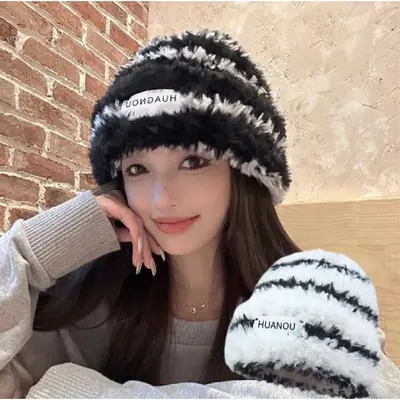 밍크털 줄무늬 겨울 비니 털 모자 3개 묶음 대표 이미지