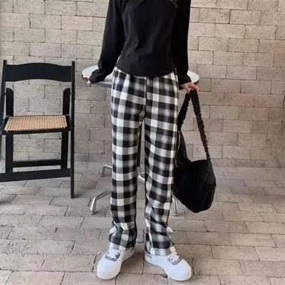 루즈한 일자 와이드핏 양털 뽀글이 기모 체크 바지 3개 묶음 대표 이미지